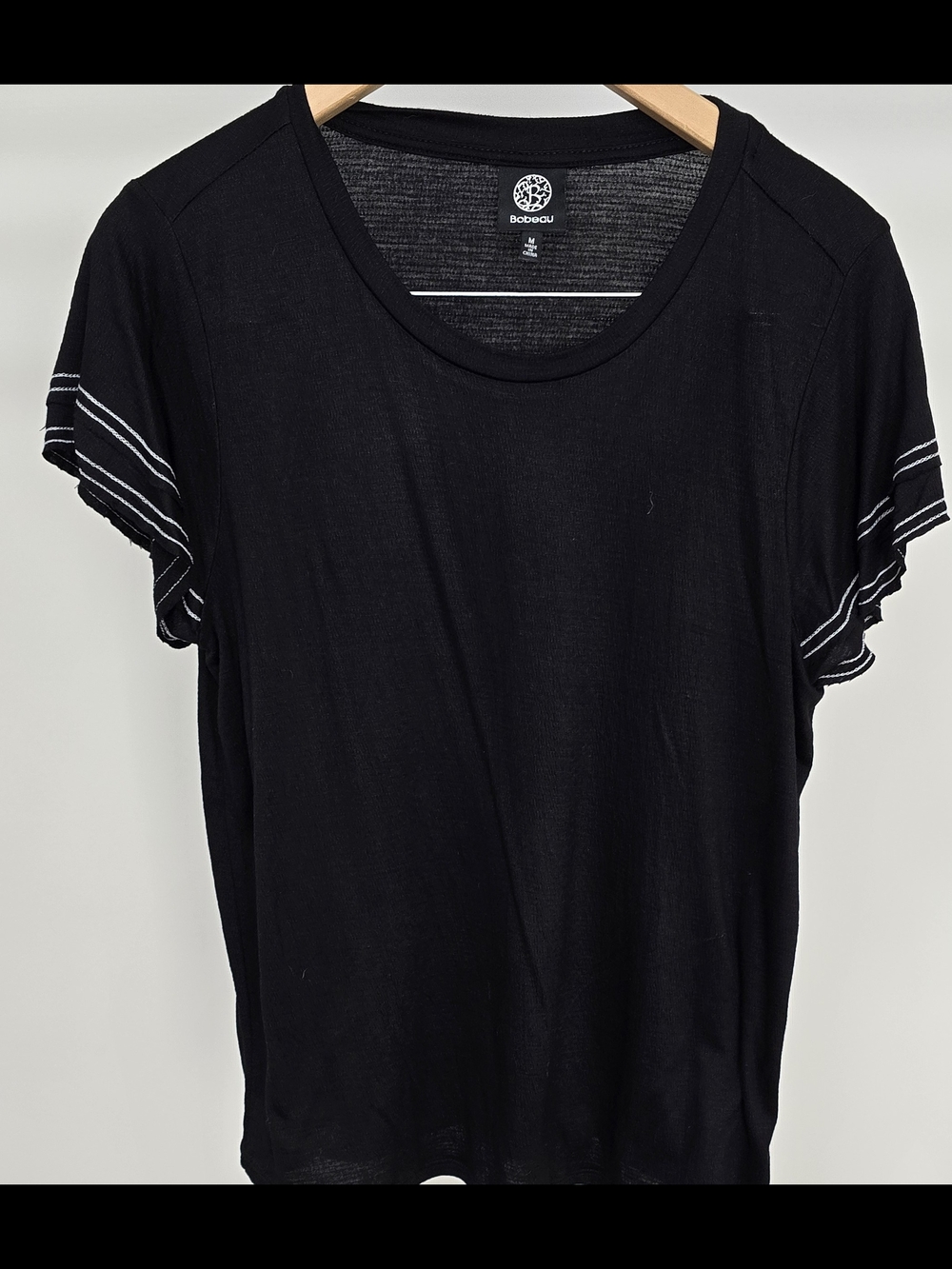 bobeau Black Short Sleeve Scoop Neck Tee with Stripe Detail